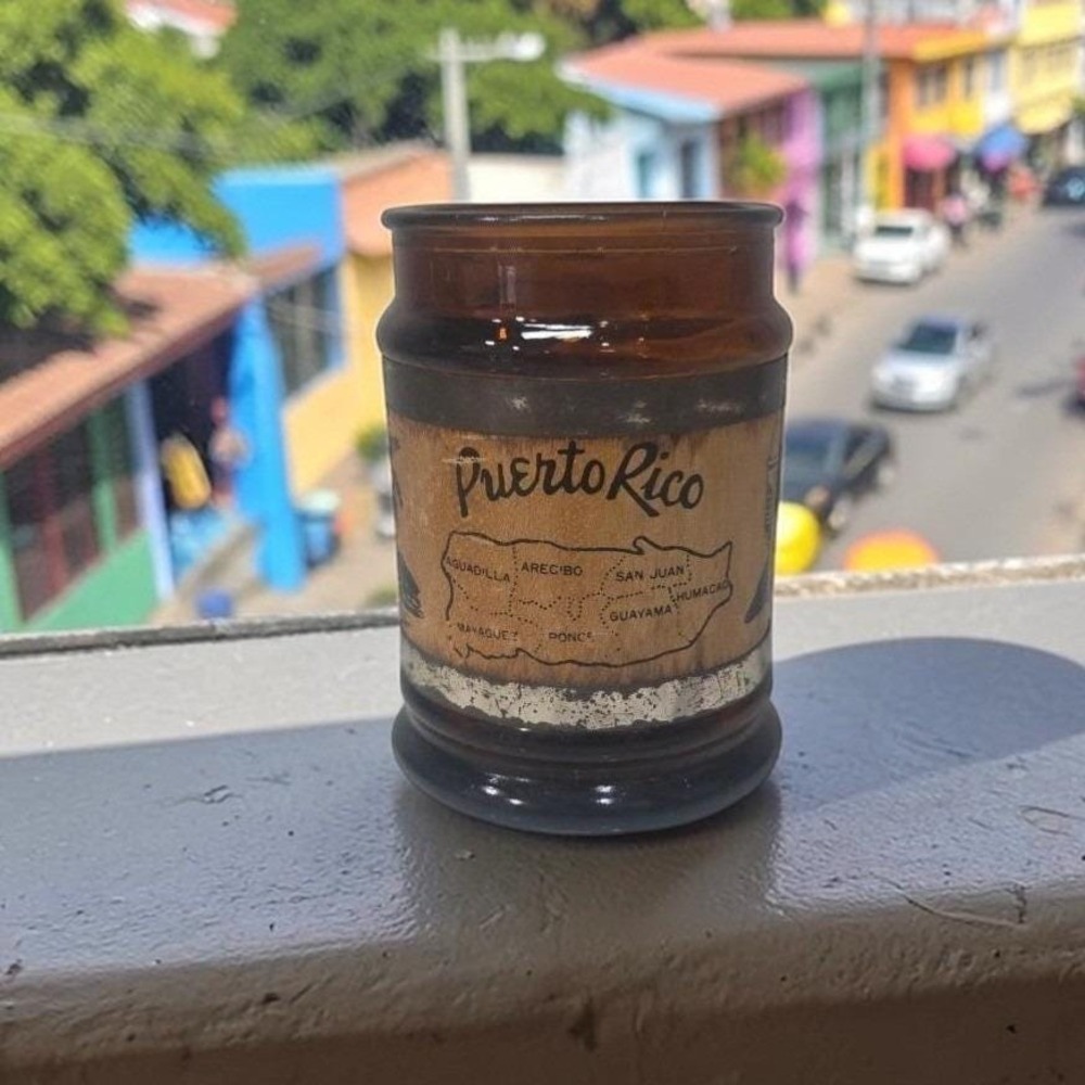 Puerto Rico Map Souvenir Glass Mug, Vintage Amber‎ Cup, Wood Handled Glassware